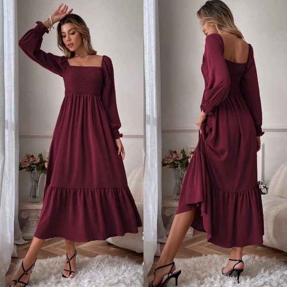 Shirred bust square neck long sleeve ruffle maxi dress boho gypsy maroon - Picture 1 of 10